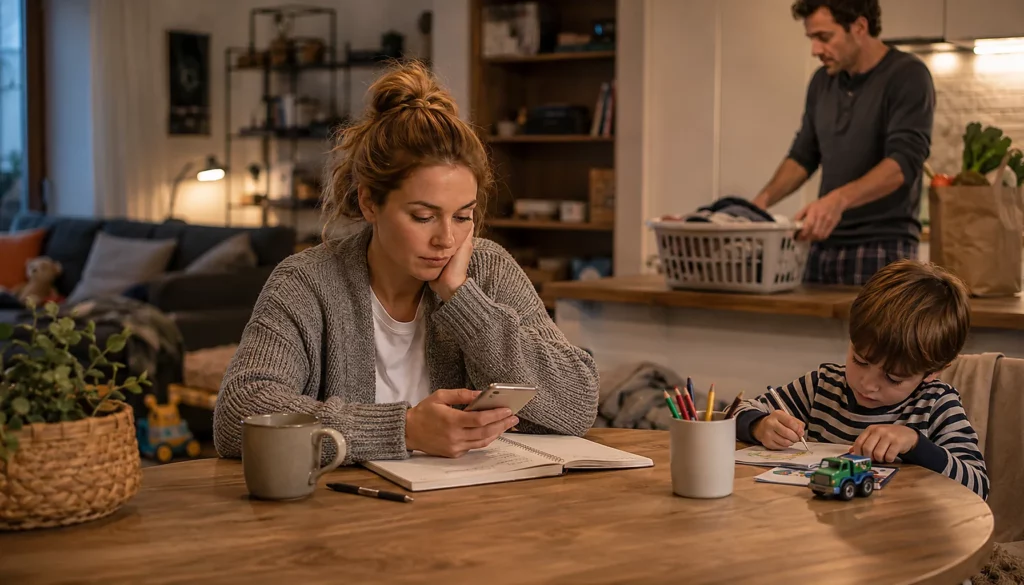 Мама пересматривает список дел, пока ребенок рисует рядом